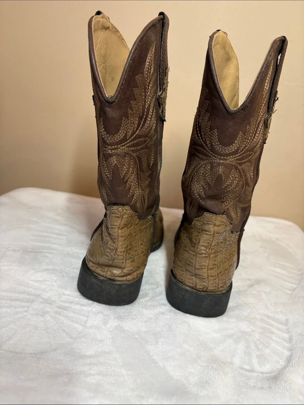 Kids’ Two-Tone Brown Western Cowboy Boots with Croc-Embossed Foot, 3